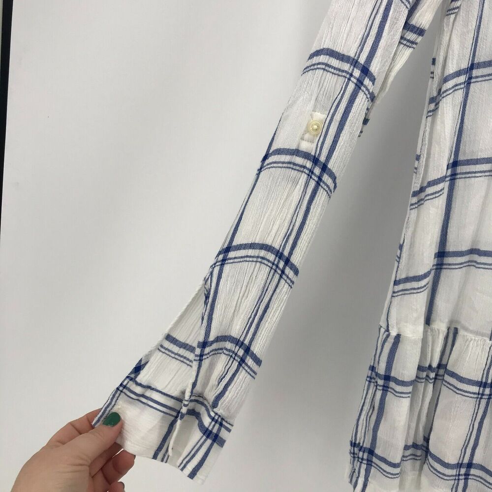 LOFT Top Womens XS Blue White Plaid Peplum Roll Tab Long Sleeve Round Neck - Picture 3 of 11